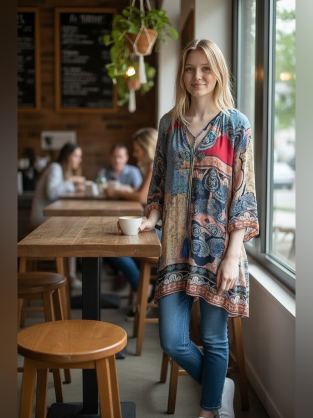 JOHNNY WAS Jade Daria Lightweight Boho Multicolor Paisley V-Neck Top, M